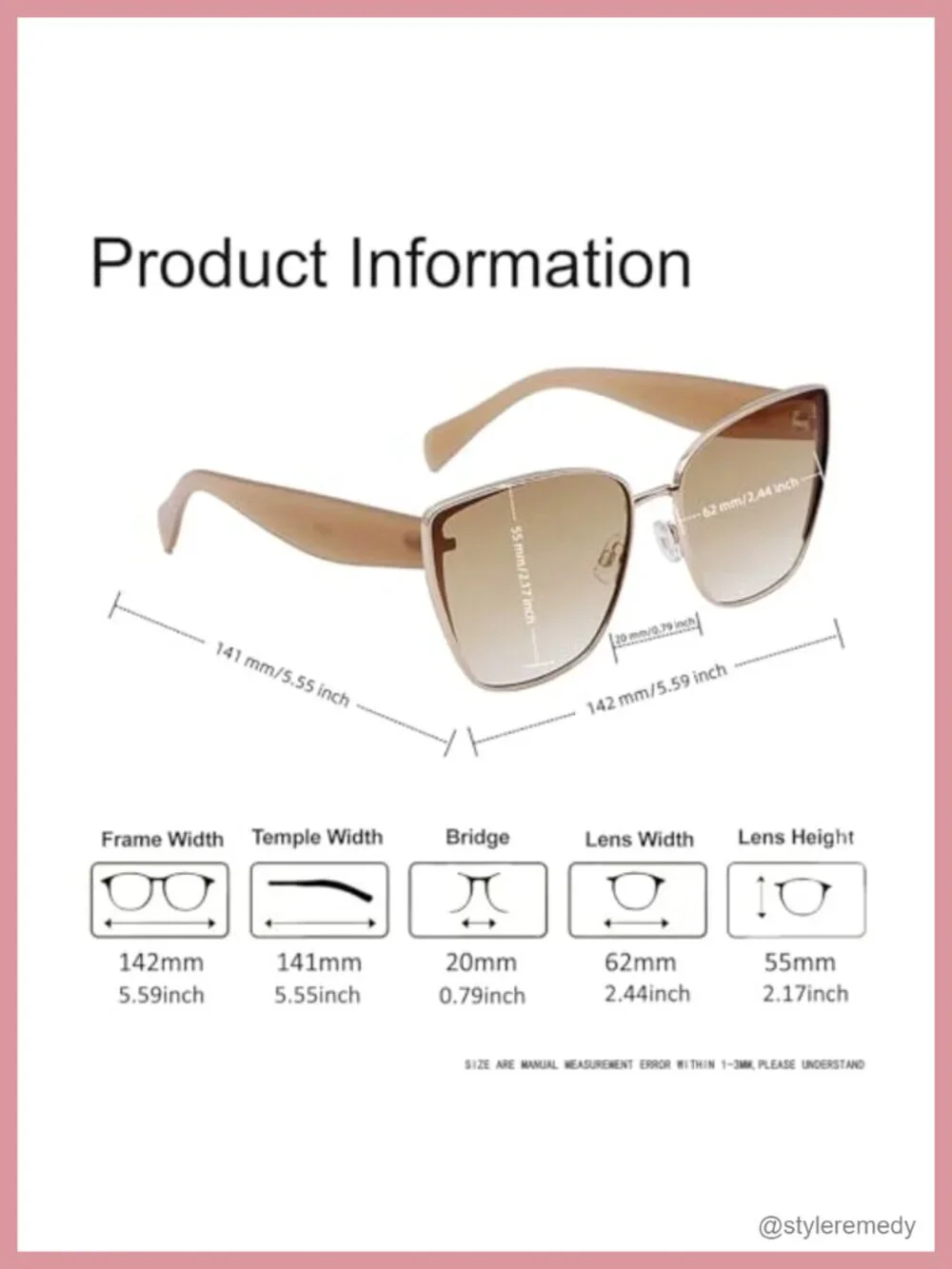 Oversized Cat-Eye Sunglasses Metal Square Frame UV400